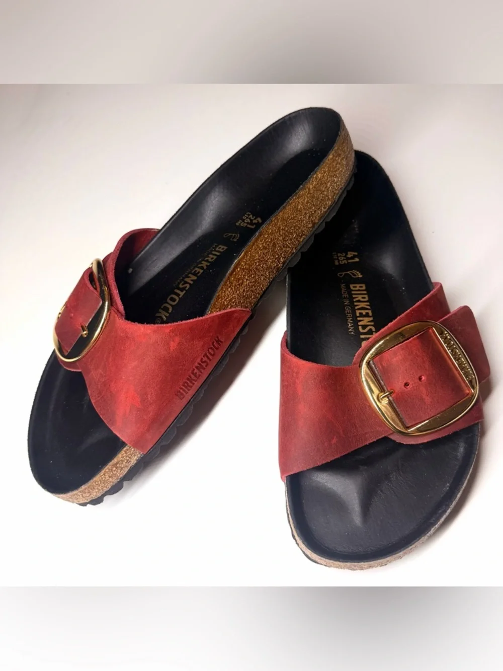 Birkenstock Madrid Red Leather Slide Sandals with Gold Buckles - Picture 3 of 9